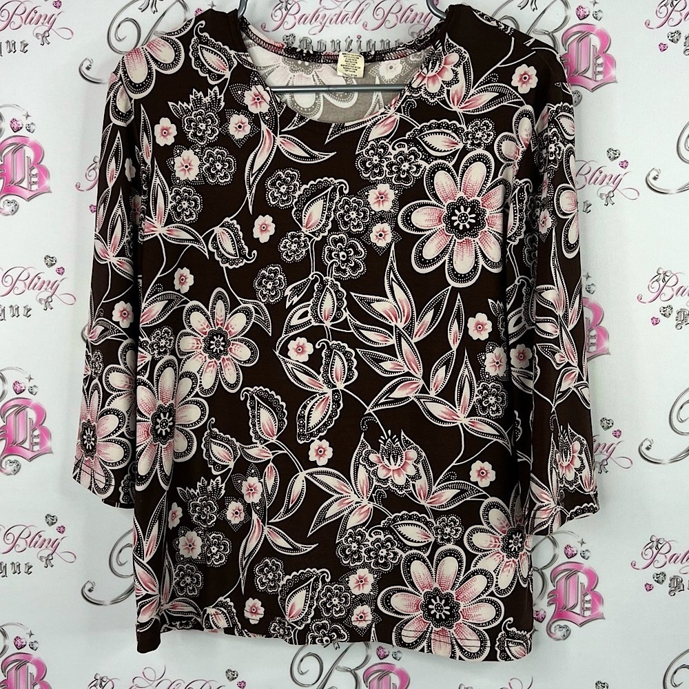 Floral long sleeve top y2k retro stretchy slinky Women's Top - Brown and Pink